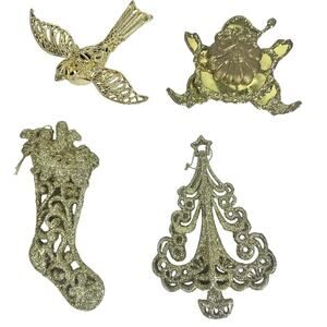 Gold Tone Christmas Ornaments Bird Santa Stocking Christmas Tree-Lot of 4-Nice!